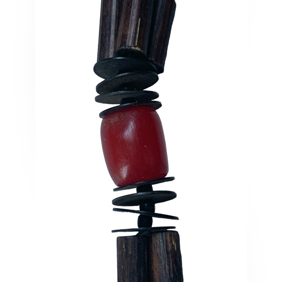 Tribal Vortex Dark Brown Wooden Beads Red Beaded Woman’s Necklace Jewelry - Picture 4 of 9